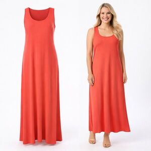 Susan Graver | Liquid Knit | Coral Maxi Dress | Sleeveless Scoop Neck | L